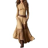 Women's Stand Collar Maxi Dress Plaid Patchwork Button Down Long Sleeve Gown Belted A-Line Swing Dress with Pockets