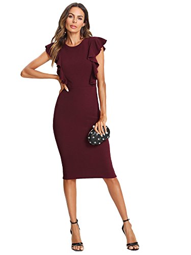 Floerns Women's Ruffle Sleeve Knee Length Business Pencil Dress Burgundy S