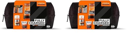 L'Oreal Men Expert Gift Set: Hydra Energetic Fully Charged Washbag With Shower Gel, Moisturiser, Sheet Face Mask and Face Wash (Pack of 2)
