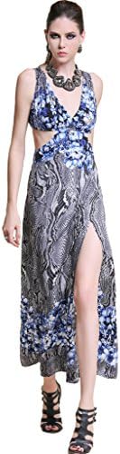 Charmtex Women's V-Neck Hollow Out Split Long Maxi Sexy Party Dress,Blue,L