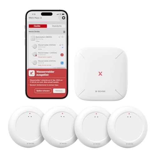 X-Sense Wassermelder WLAN mit SBS50 Basisstation, Smarter Wassermelder, App-Warnungen(nur 2.4Ghz), wasserdicht nach IP67, Funk-Wassersensor für Küche,