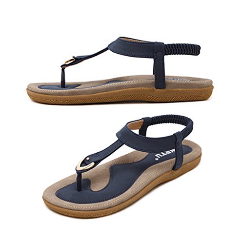 DolphinGirl Bohemian Simple T-Strap Summer Vacation Flat Thong Sandals, Navy Blue Herringbone Glitter Shiny Golden Metal Shoes for Dressy Casual Jeans Daily Wear and Beach Vacation
