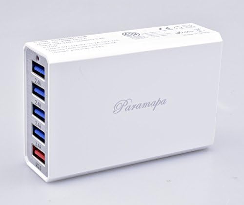 Quick Charge 2.0, Paramapa 60W 5-Port USB Charger Desktop Charging Station for iPhone X/ 8/ 7 / 6s / Plus, iPad Pro / Air 2 / mini/ iPod, Galaxy S8 / S7 / S6 / Edge, LG, Nexus, HTC and More (White)
