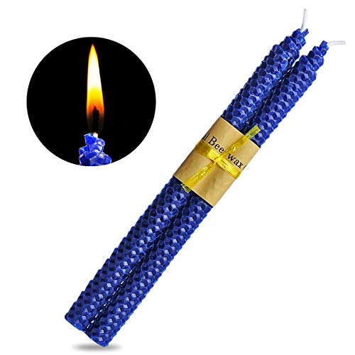 YIH 100% Pure Beeswax Handmade Taper Candles (Blue) - 10 Inch Smokeless Dripless Pair - Natural Subtle Honey Smell 。