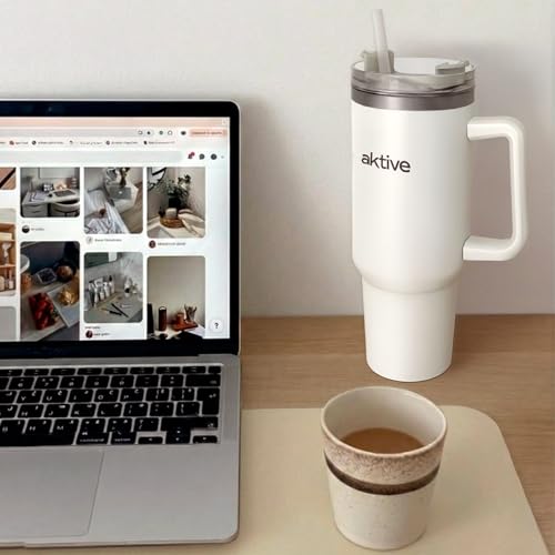 AKTIVE Insulated Stainless Steel Tumbler, 1.2L, White, Measures 15 x 10 x 27 cm, Leakproof Lid, Includes Straw, Ergonomic Handle, BPA Free, Non-Slip Base, Thermos Bottles (63152)