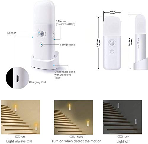 Motion Sensor Light Indoor, Portable Battery Powered Smart LED Night Light with Dusk to Dawn Sensor Auto/On/Off Adjustable Brightness Warm White Light for Bedroom,Kitchen,Stairs,Toilet,Hallway