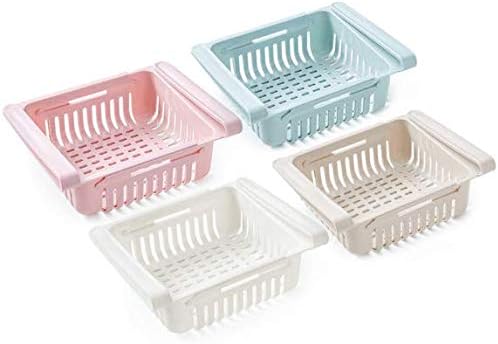 Fridge Storage Basket Expandable Plastic Shelf Drawer Adjustable Space Saver Food Organizer Tray Pull Out Rack Slide Kitchen Container Multicolor Pack of 4