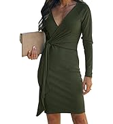 BTFBM Women Casual Dresses Deep V Neck Long Sleeve Wrap Tie Waist Ribbed Knit Bodycon Soft Short ...