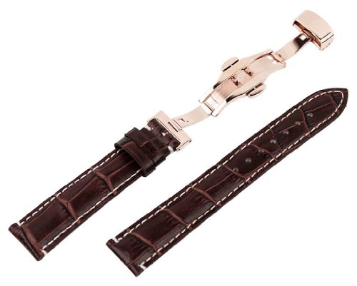 RECHERE 20mm Alligator Grain Leather Watch Band Strap Rose Gold Deployment Clasp Contrast Stitch Brown