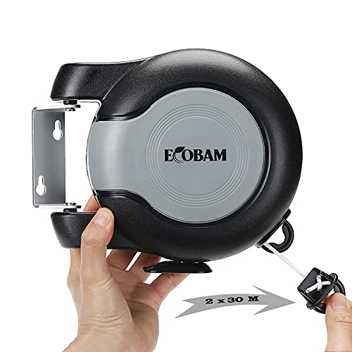 EcoBam Retractable Reel Washing Lines, Wall Mounted Laundry Drying Double Clothes Line, Heavy Duty Dual Clothesline Dryer Indoor Outdoor, 30m (2 x 15m), Black, PVC Wire