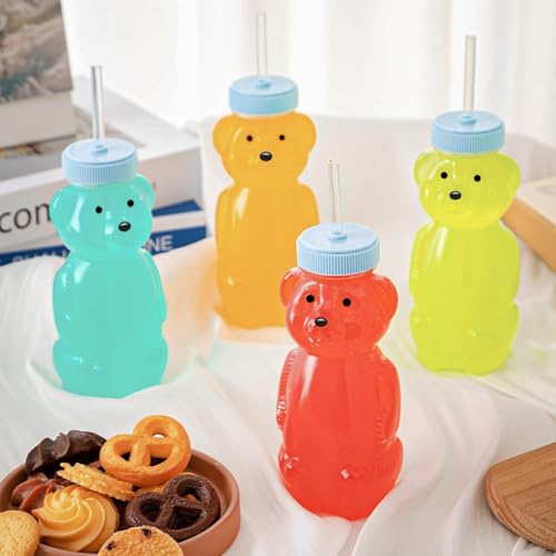Vaso con popote para bebe 3 Piezas, vaso entrenador con popote, botellas en forma de oso, con cepillo para limpiar paja, grado alimenticio, sin BPA (Rosa + Púrpura + Azul)