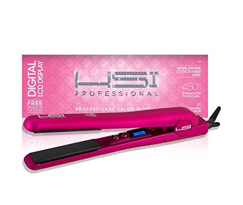 HSI Professional Digital Ceramic Tourmaline Ionic Flat Iron Hair Straightener with Glove, Pouch and Argan Oil Treatment, Pink