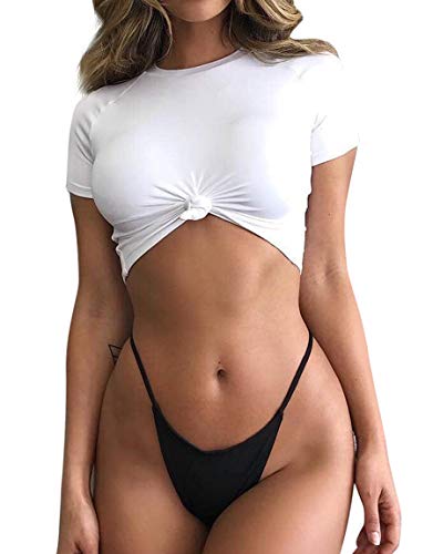 RXRXCOCO Women Thong Bikini Swimsuit High Waist Rash Guard Two Piece Sporty Bathing Suit White-Black