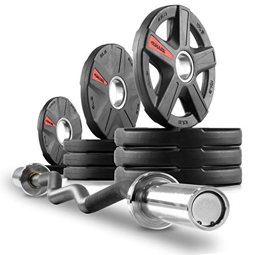 XMark XM-3675 Olympic EZ Curl Bar and 65 lb Texas Star Olympic Plate Weight Set, Olympic Bar Upgraded with Brass Bushings, Premium Quality Rubber Coated Weight Plates - Thumbnail 4
