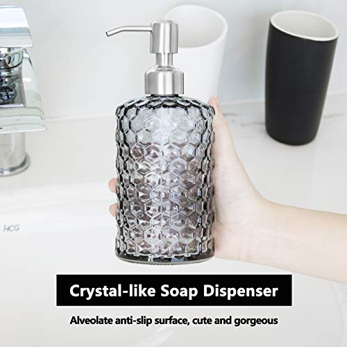 Easy-Tang 16 Oz Grey Glass Soap Dispenser - Refillable Wash Hand Liquid, Dish Detergent, Shampoo Lotion Bottle with Brushed Nickel Pump Holder, Ideal for Bathroom Countertop, Kitchen, Laundry Room