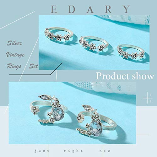 image for Edary Boho Crystal Rings Set Moon Rhinestone Joint Knuckle Ring Set Si
