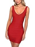 MISFONDLE Women's Sexy Bodycon V Neck Backless Pleated Strap Mini Club Dress