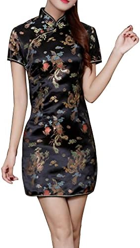 SocalmDown Women's Chinese Cheongsam, Cheongsam Qipao Dress Short Sleeve Slim Bodycon Tradtional Dress (as1, Numeric, Numeric_8, Regular, Regular, Black, 8) : 服裝，鞋子和珠寶