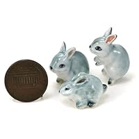 3 Gray Rabbits Bunny Ceramic Miniature Animal Figurine Dollhouse plant terrarium (1:12)