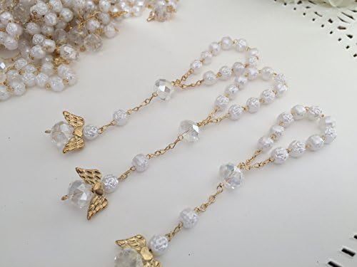 25 White Color Acrylic Beads Baptism Favors Gold Plated Mini Rosaries Plated Accents with Angels Mini Rosaries Acrylic Beads/ Recuerditos De Bautismo/ Christening Favors/ Decenarios/ Decades/ Finger Rosaries