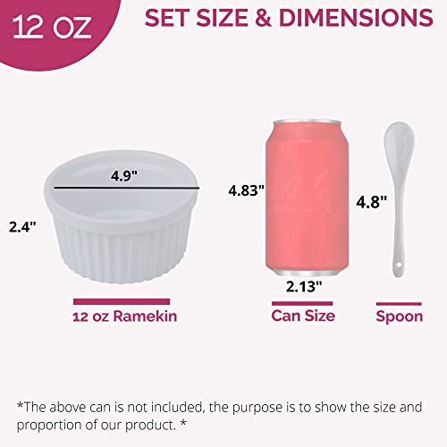Souffle Dish Ramekins for Baking - 12 Ounce (Set of 4, White with 4 Extra Spoons) 12 Oz