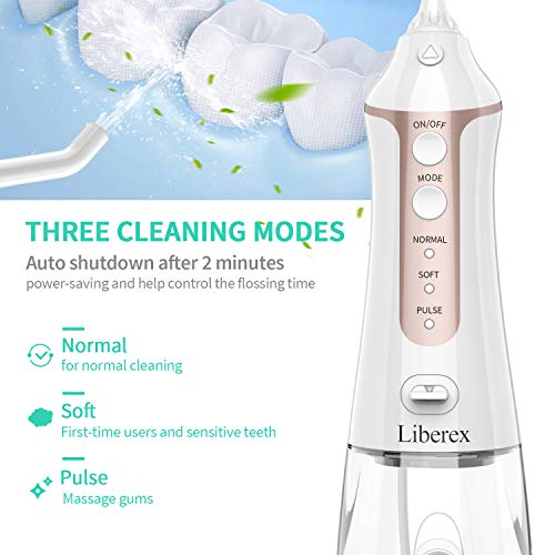 Liberex Cordless Water Flosser - Portable Oral Irrigator with 5 Jet Nozzles, IPX7 Waterproof 300ml Reservoir, 3 Modes Dental Care Teeth Jet for Teeth Braces,USB Rechargeable - Thumbnail 3
