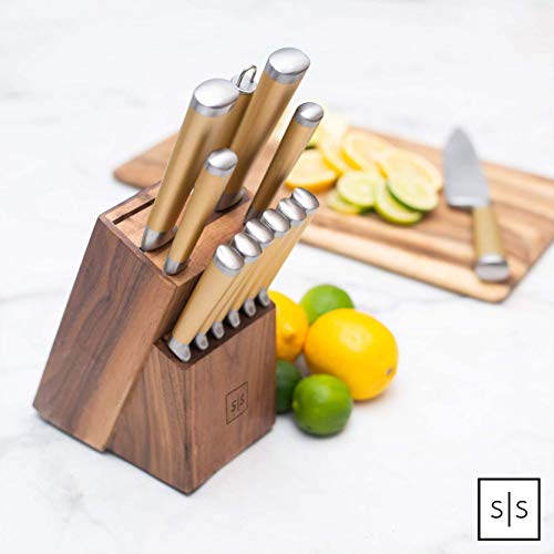 Gold Knife Set with Walnut Knife Block, 13piece Kitchen Knives
