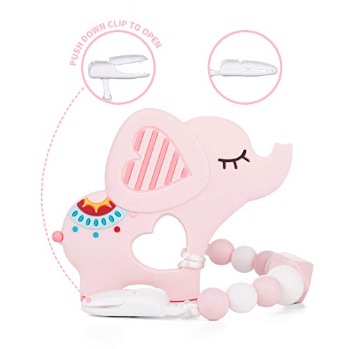 AmazingM Baby Teething Toys,Food Grade Silicone Elephant Teether Toy with Pacifier Clip Holder Set for Newborn Babies,BPA Free,Freezer Safe (Pink) - Thumbnail 2