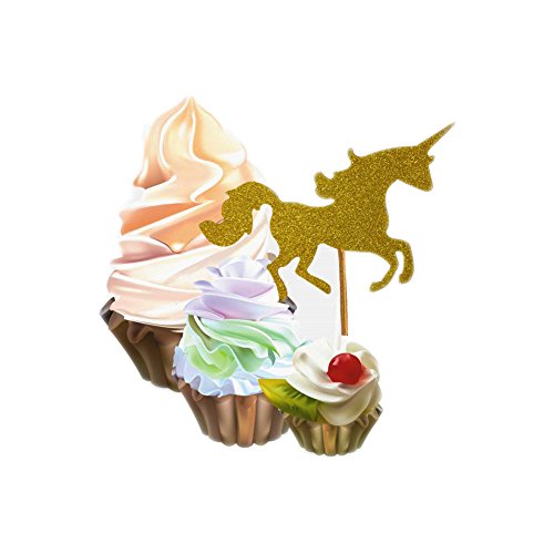 Miraclekoo Golden Glitter Unicorn Cupcake Toppers for Bridal Shower, Wedding Table Cake Decorations, Party Supply Favor Accents, 30 Pack