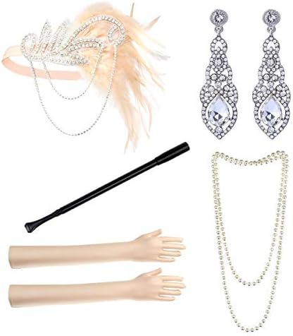 ECOSCO 1920s Gatsby Flapper Costume Accessories Feather Headband Earrings Pearl Necklace Gloves Cigarette Holder