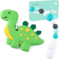 Teething Toys BPA Free Silicone - Tinabless Dinosaur Teething Pain Relief Toy with Pacifier Clip Holder Set for Infants and Toddlers, Teethers Toy for Freezer (Green)