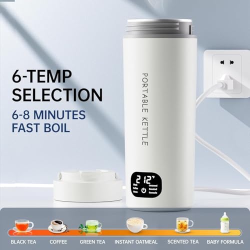 Gywjioy Portable Electric Kettle, Travel Electric Cup， Temperature Controls and LCD Display, 316 Stainless Steel and 450ml, 6 Temperature Controls and LCD Display，Auto Shut Off & Boil Dry Protectio