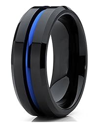 Anillo de compromiso para hombre de carburo de tungsteno, color negro y azul, con centro acanalado, ajuste cómodo, 0.315 in