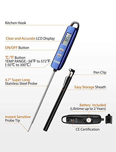 Habor 022 Meat Thermometer, Instant Read Thermometer Digital Cooking Thermometer, Candy Thermometer with Super Long Probe for Kitchen BBQ Grill Smoker Meat Oil Milk Yogurt Temperature