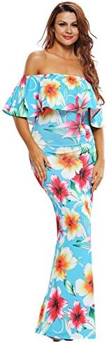 Angl Lee Women's Vintage Print Off Shoulder Bodycon Long Party Maxi Dress (m（8-10）, Turquoise)