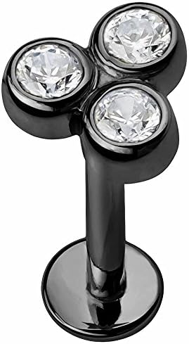 Diamond 3 Stone Trinity 14K Black Ruthenium Plated 14K Yellow Gold Labret Lip or Tragus Earring 16G