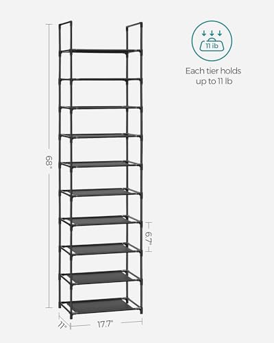SONGMICS Zapatero Organizador de Zapatos de 10 Niveles con Marco de Acero Estantes de Tela no Tejida, Desmontable y Ajustable, 33x33x173 cm MLSH010B02