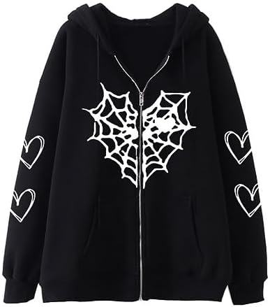 Aobiono Women Men Y2K Zip Up Hoodie Skeleton Skull Bat Oversized