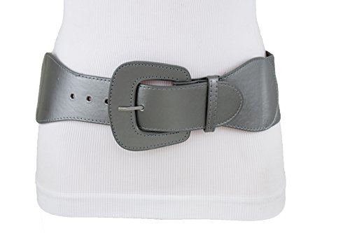TFJ Women Fashion Wide Stretch Belt Hip Waist Faux Leather Band M L XL Metallic Pewter
