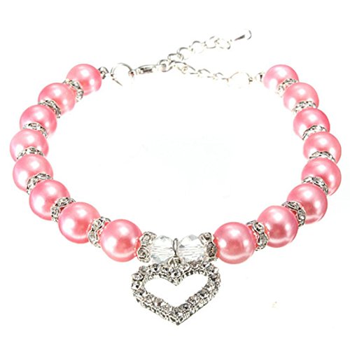 Wakeu Diamond Heart Rhinestone Crystal Rhinestone Pendant Pearl Collars Necklace for Small Dog Girl (S/Length:25cm/9.8", Pink) - Thumbnail 5