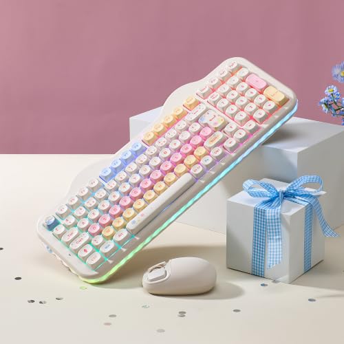YUNZII C98 FR French AZERTY 100 Keys PBT Mechanical Wireless Gaming Keyboard with Numeric Keypad, Bluetooth/2.4GHz/USB‑C Wired, RGB, Gasket, Cake Theme for Windows/Mac (Beige, Milk V2 Switch)