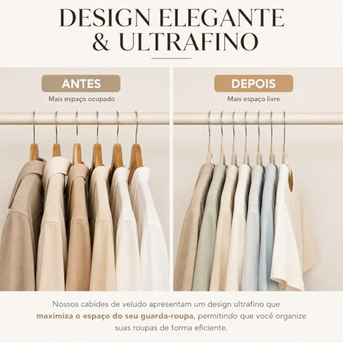 Kit 100 Cabides De Roupas Veludo Premium Preto Bege Slim Antideslizante Adulto Ultra Fino Gancho 360° Calça Camisetas Casacos Resistente (Bege)
