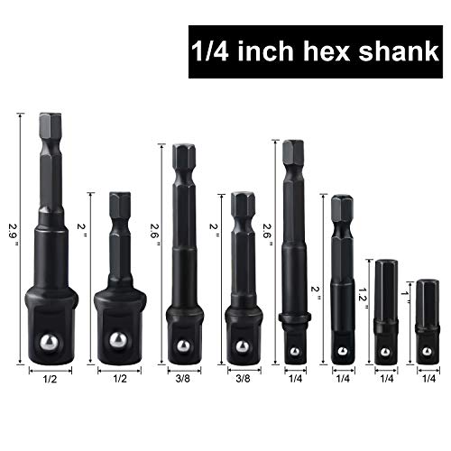 Impact Extension and Socket Adapter Set, 12pcs 1/4 3/8 1/2 Hex Shank Drill Bit Bar CR-V Steel