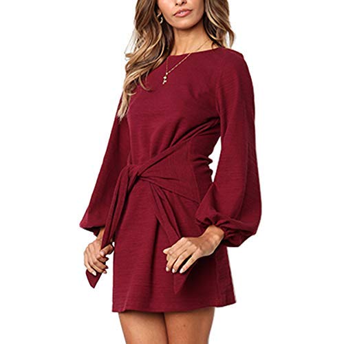 EbuyGo Women\'s Long Sleeve Casual Round Neck Wear to Work Casual Pencil Dress Belt