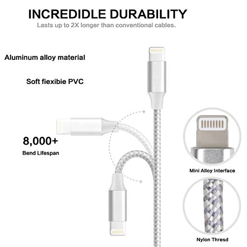 MFi Certified iPhone Charger, Charging Cable, 5Pack (3/3/ 6/6/ 10FT) to Syncing Data and Nylon Braided Cord Charger Compatible with iPhone/XS/XR/X/8/8Plus/7/7Plus/6S/6Plus/Pad More(Silver&White)