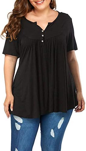 Women's Plus Size Henley V Neck Button up Tunic Tops Casual Short Sleeve Blouse Shirts