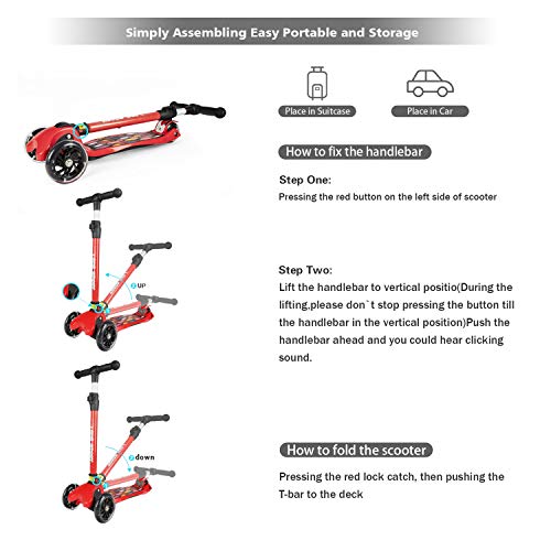 Kick Scooter for Kids, 3 Big Wheels Scooter for Children 4 Adjustable Height One Second Folding Mini Skateboard Scooters with Handle Bars Great  Gifts for Litter Boys Toddler &Girls 2-15Years Red - Thumbnail 5