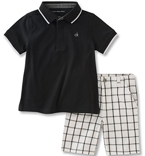 Calvin Klein Baby Boys' 2 Pieces Polo Set-Plaid Shorts, Black, 12M