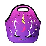Cute Unicorn Lunch Bag for Kids, Waterproof Insulated Neoprene Lunch Tote with Zipper for School Work Outdoor (Purple002)
