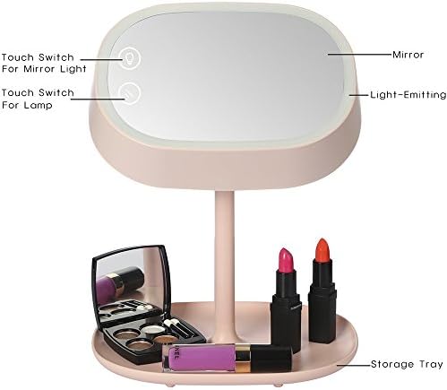 EcBy TECH Lighted Makeup Vanity Mirror with Table Lamp for Bedroom Home, Smart Makeup Mirror with Touch Sensor LED Night light for Women (ABS, Pink)